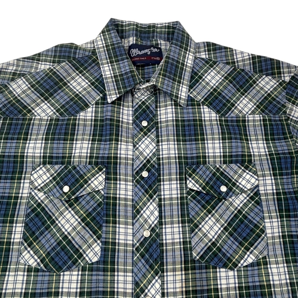 Wrangler Western Plaid Shirt Mens XL Long Tails 17.5 Short Sleeve Snap Front - Picture 5 of 12